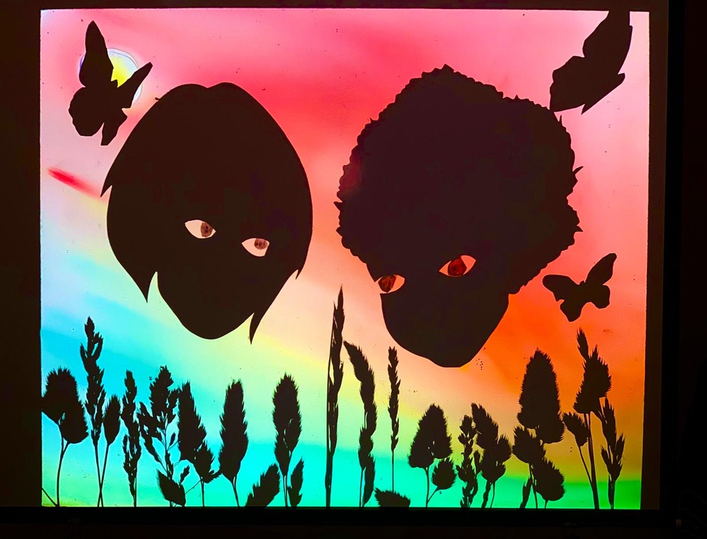 Deux visages en théâtre d’ombres au-dessus d’un paysage coloré dans Tête de chou-fleur